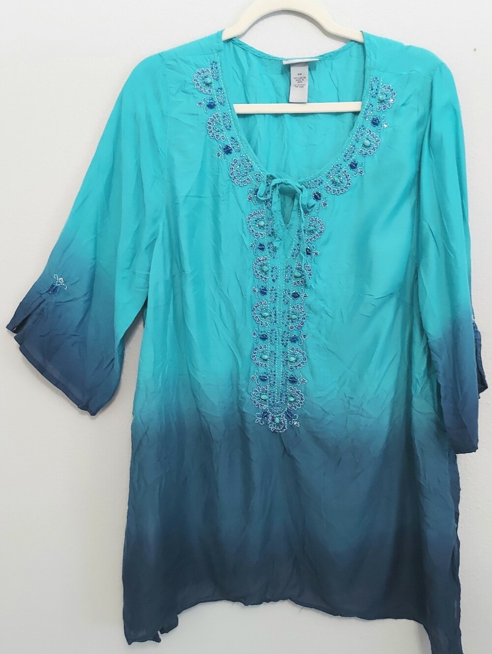 Catherine's Turquoise Navy Ombre Gradient Bead Work Peasant Tunic Top 0X (12/14)